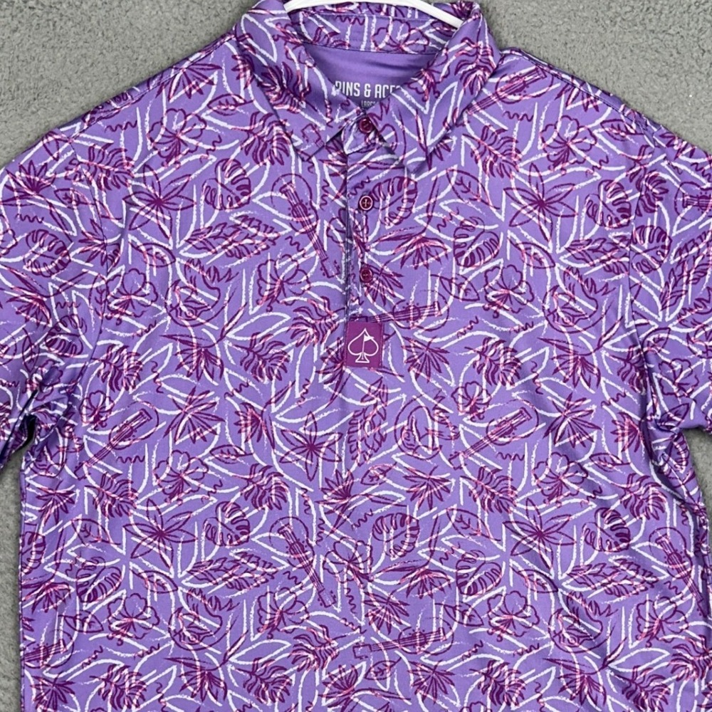 Pins Aces Polo Shirt Mens Large Tropical Floral Purple Casual Performance Rugby